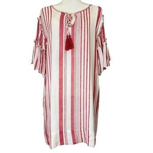For The Republic Red & White Tassel Striped Ruffle Bell Sleeves Dress Size‎ S
